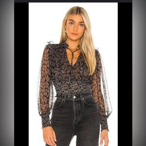 Free People Twyla Printed Mesh Ruffle Shoulder Top in Black Leopard Print Size M